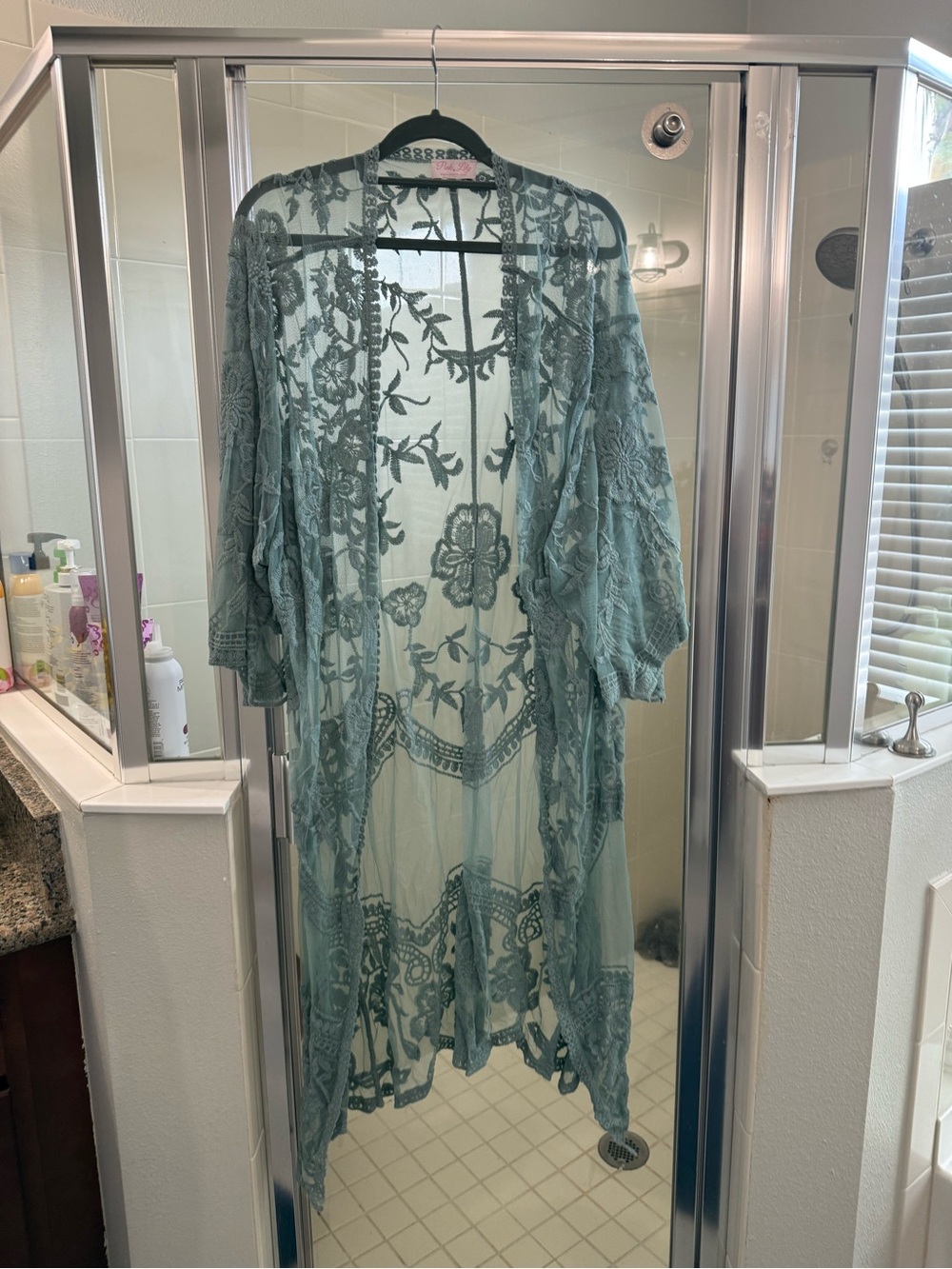 Pink Lily Dusty Teal Sheer Embroidered Kimono